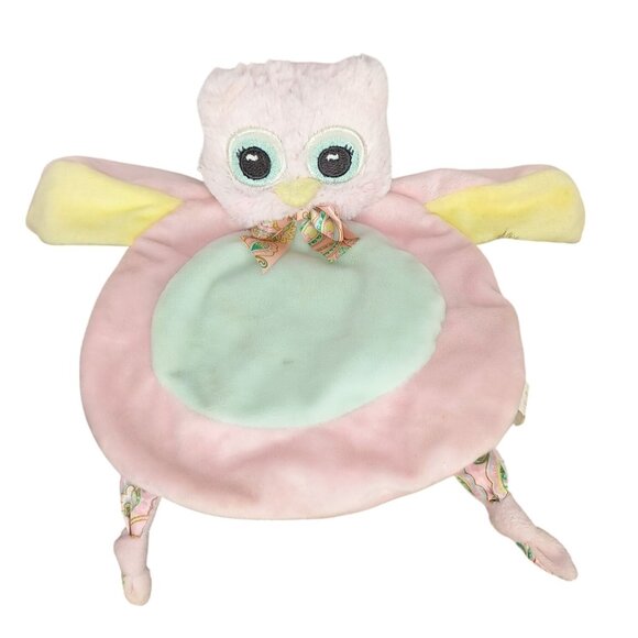 Bearington Wee Lil' Hoots Baby Pink Owl Lovey Yellow Round Knotted Plush 10in - Picture 1 of 7